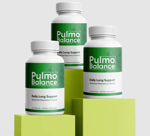 Three Pulmo Balance daily lung support bottles displayed on green plinths