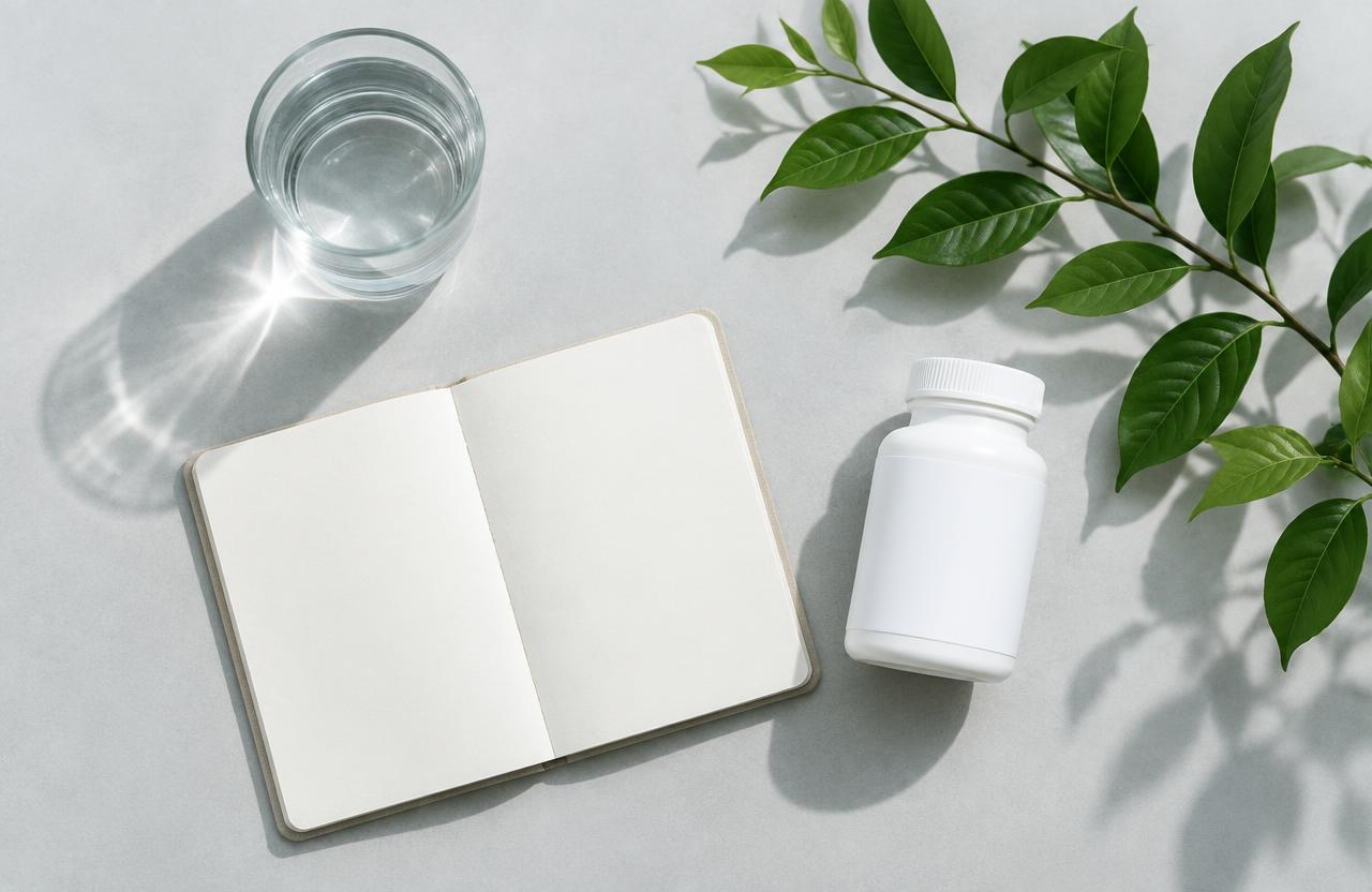 A glass of water, a blank notebook, and an unbranded bottle on a light table