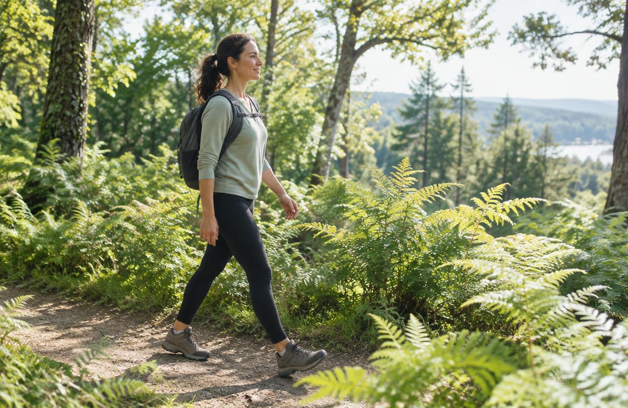 A woman taking a gentle walk on a leafy woodland trail